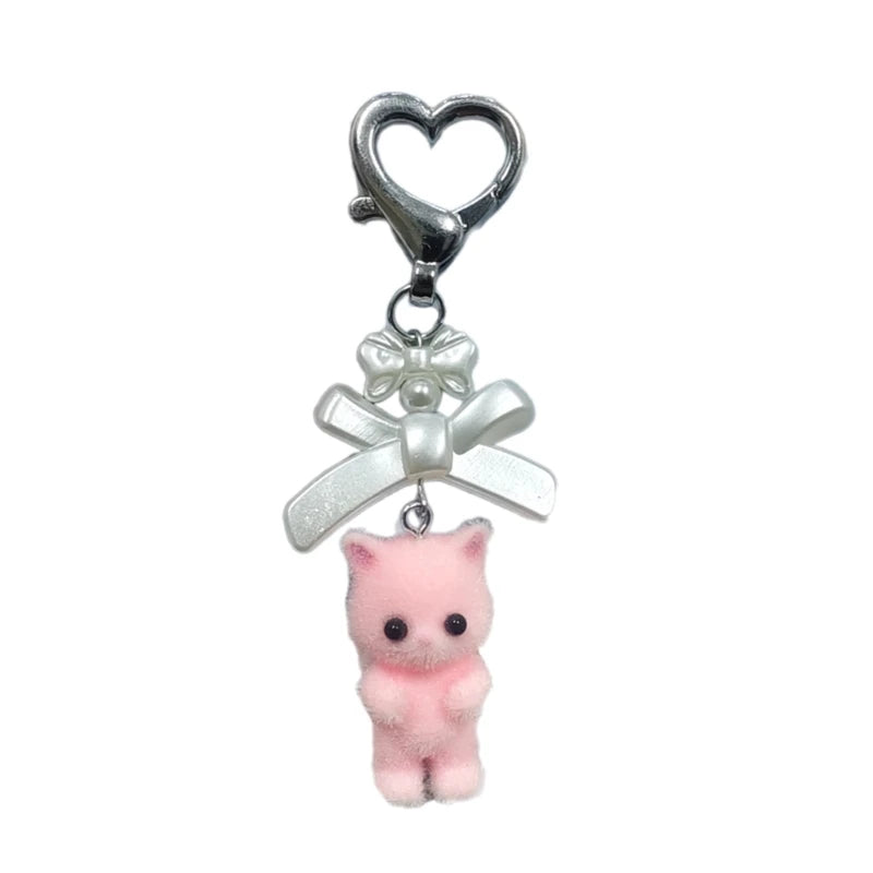 Q0KE Flocking Animal Cartoon Keychain Bear Cat Key Chain Fashionable Bowknot Pendant Phone Decorations for Women