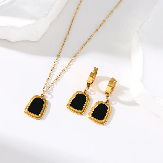 EILIECK 316L Stainless Steel Geometric Black Necklace Earrings For Women New Party Gift Waterproof 18K Gold Plated Jewelry Set