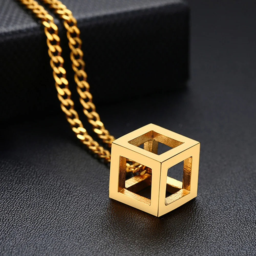 Punk Hollow Cube Pendient Necklaces for Men Women Unisex Stainless Steel Square Charm Jewelry Necklace Geometric Collier Fashion