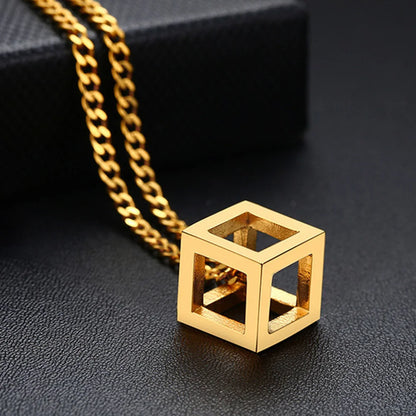 Punk Hollow Cube Pendient Necklaces for Men Women Unisex Stainless Steel Square Charm Jewelry Necklace Geometric Collier Fashion