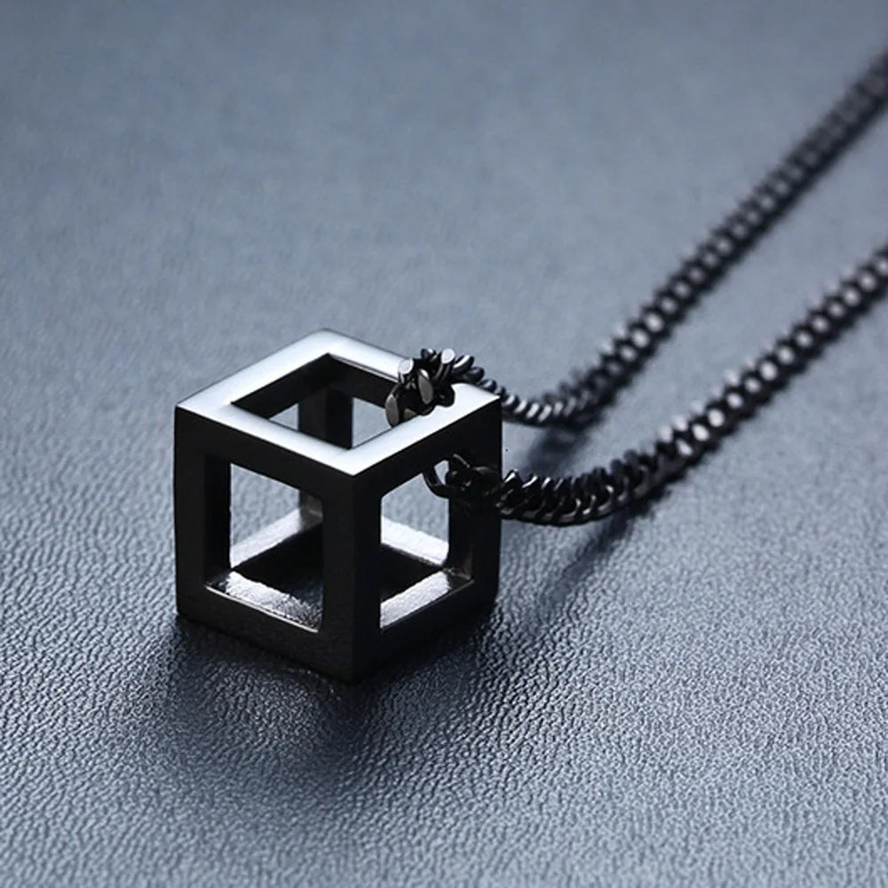 Punk Hollow Cube Pendient Necklaces for Men Women Unisex Stainless Steel Square Charm Jewelry Necklace Geometric Collier Fashion