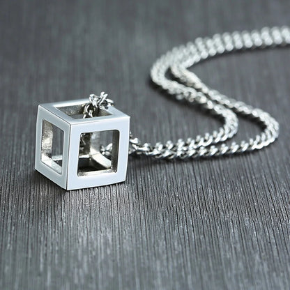 Punk Hollow Cube Pendient Necklaces for Men Women Unisex Stainless Steel Square Charm Jewelry Necklace Geometric Collier Fashion