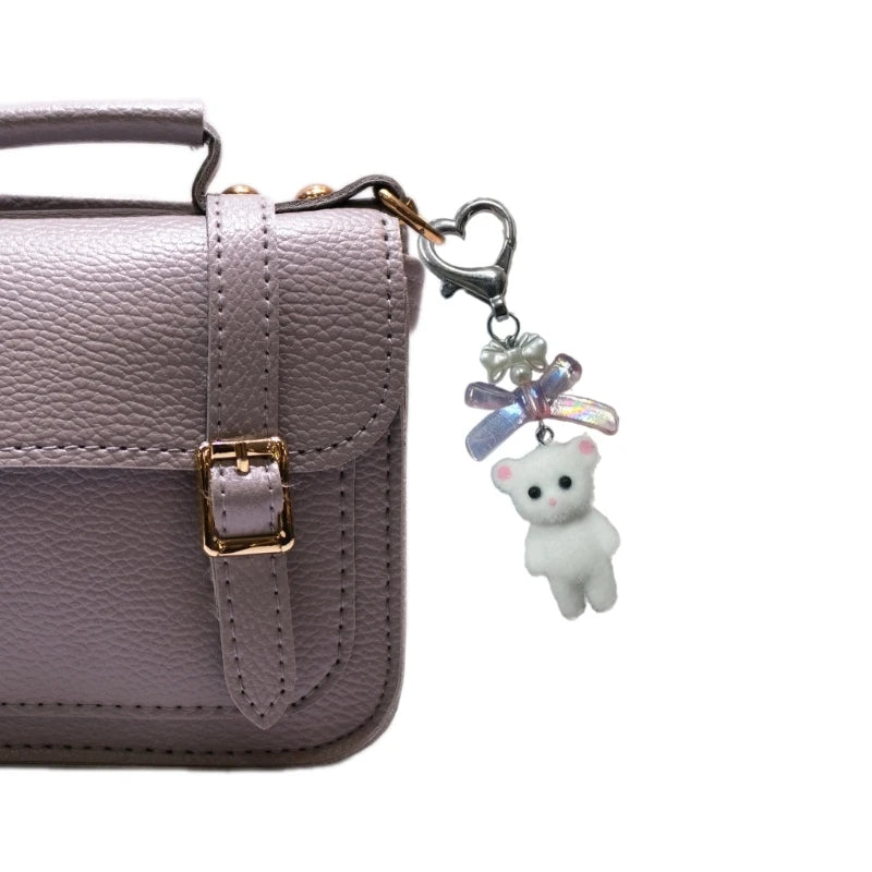 Q0KE Flocking Animal Cartoon Keychain Bear Cat Key Chain Fashionable Bowknot Pendant Phone Decorations for Women