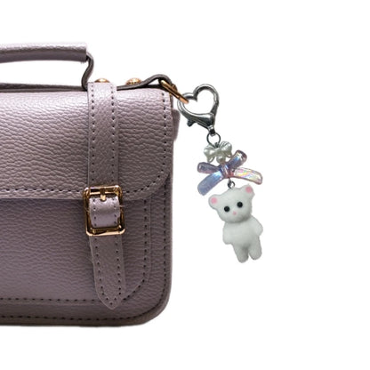 Q0KE Flocking Animal Cartoon Keychain Bear Cat Key Chain Fashionable Bowknot Pendant Phone Decorations for Women