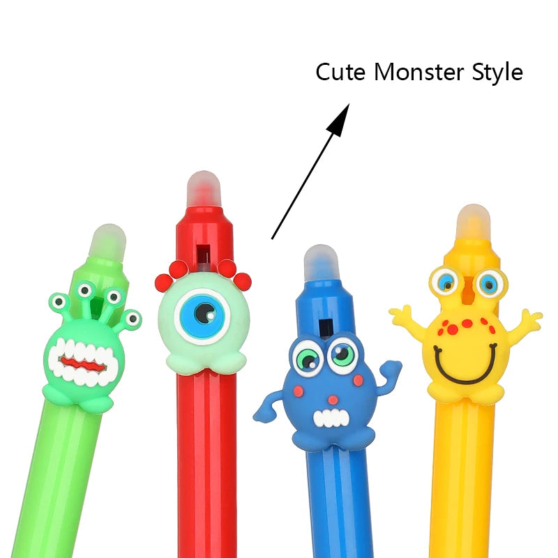 14Pcs Cartoon Monsters Erasable Pens 0.5mm Gel Pen Ink Blue Stationery School Writing supplies 6 Pens+ 6refills + 2 rubber
