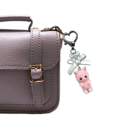 Q0KE Flocking Animal Cartoon Keychain Bear Cat Key Chain Fashionable Bowknot Pendant Phone Decorations for Women