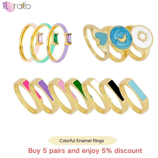 24k plated gold trendy Design colorful Enamel Rings For Women Minimalist Flower For Ladies Wedding Party Engagement Jewelry Gift