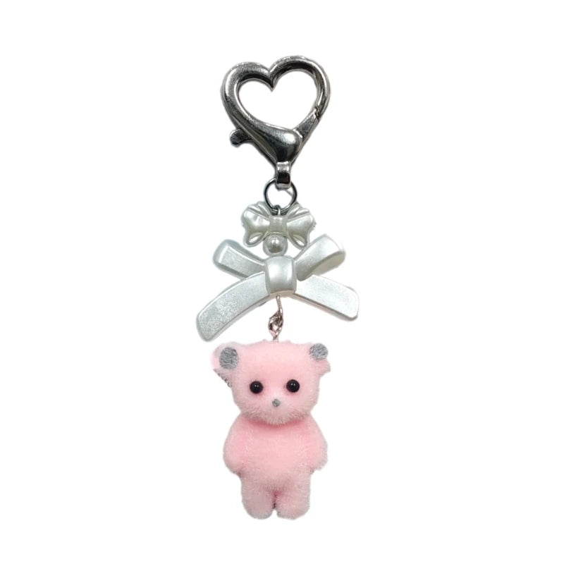 Q0KE Flocking Animal Cartoon Keychain Bear Cat Key Chain Fashionable Bowknot Pendant Phone Decorations for Women