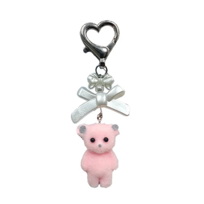 Q0KE Flocking Animal Cartoon Keychain Bear Cat Key Chain Fashionable Bowknot Pendant Phone Decorations for Women