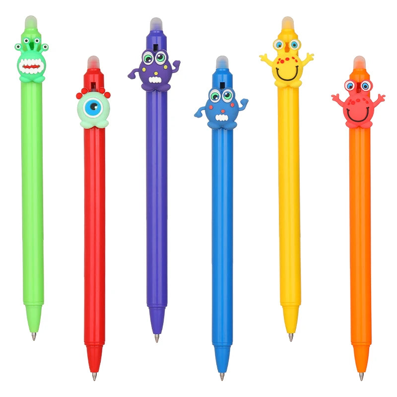14Pcs Cartoon Monsters Erasable Pens 0.5mm Gel Pen Ink Blue Stationery School Writing supplies 6 Pens+ 6refills + 2 rubber
