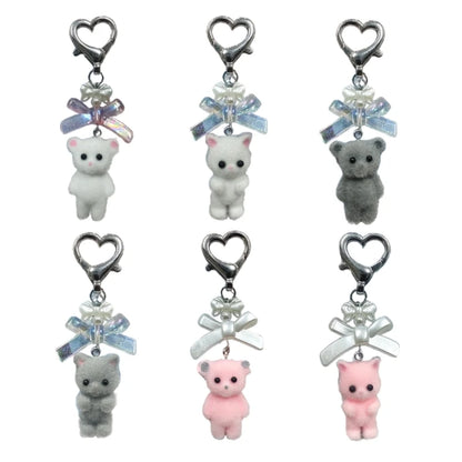 Q0KE Flocking Animal Cartoon Keychain Bear Cat Key Chain Fashionable Bowknot Pendant Phone Decorations for Women