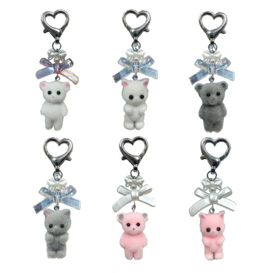 Q0KE Flocking Animal Cartoon Keychain Bear Cat Key Chain Fashionable Bowknot Pendant Phone Decorations for Women