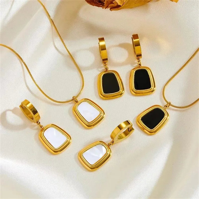 EILIECK 316L Stainless Steel Geometric Black Necklace Earrings For Women New Party Gift Waterproof 18K Gold Plated Jewelry Set