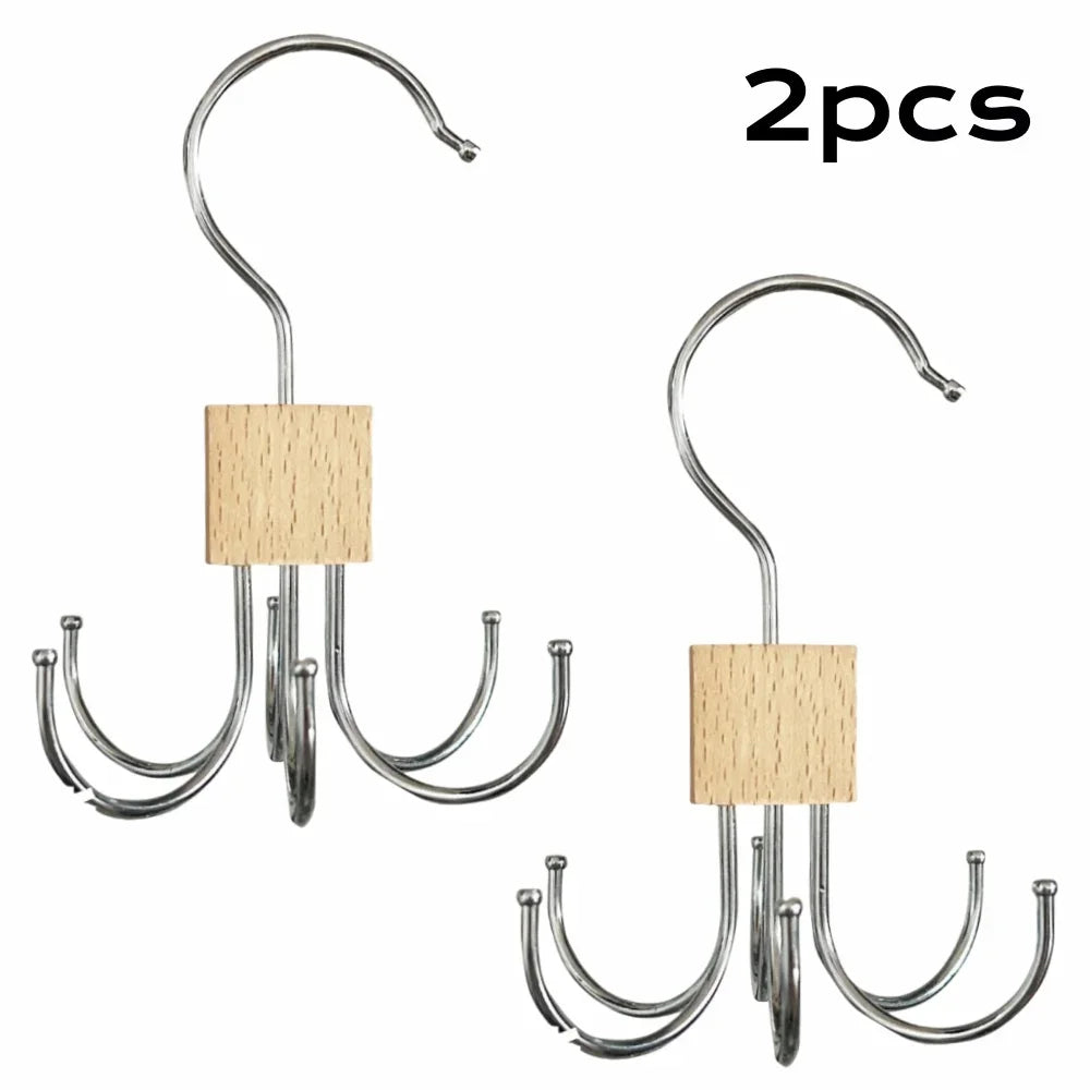 360° Rotating Storage Hanger Hook Multi-Claw Bag Metal Belts Rack Wooden Organizer For Bras Ties Scarves Household Closet