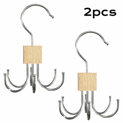 360° Rotating Storage Hanger Hook Multi-Claw Bag Metal Belts Rack Wooden Organizer For Bras Ties Scarves Household Closet