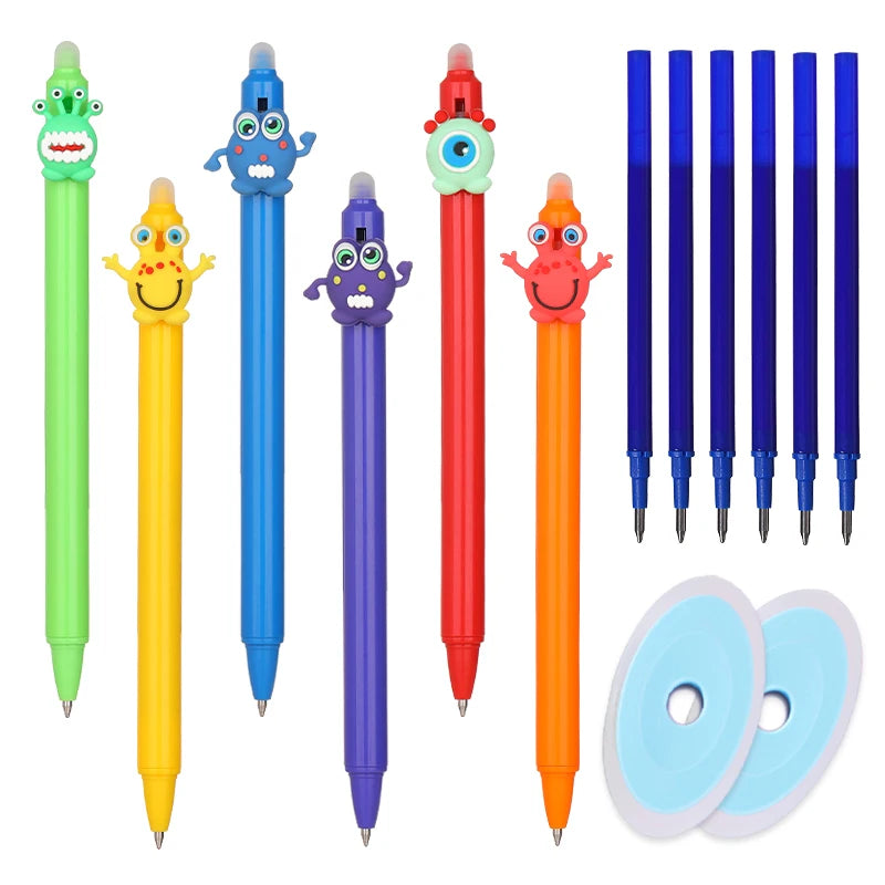 14Pcs Cartoon Monsters Erasable Pens 0.5mm Gel Pen Ink Blue Stationery School Writing supplies 6 Pens+ 6refills + 2 rubber