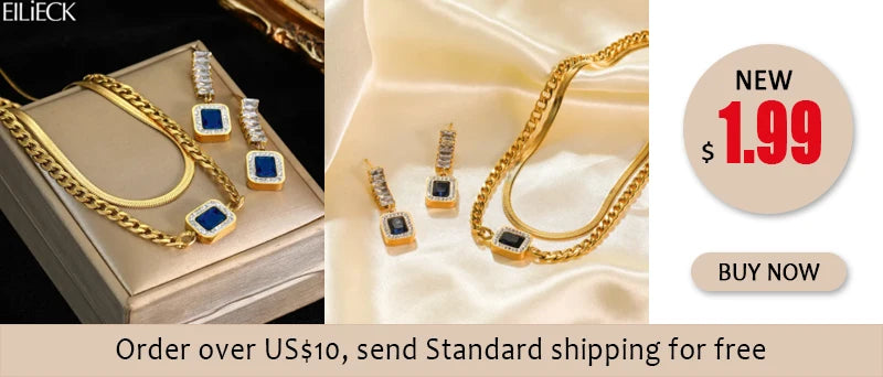 EILIECK 316L Stainless Steel Geometric Black Necklace Earrings For Women New Party Gift Waterproof 18K Gold Plated Jewelry Set