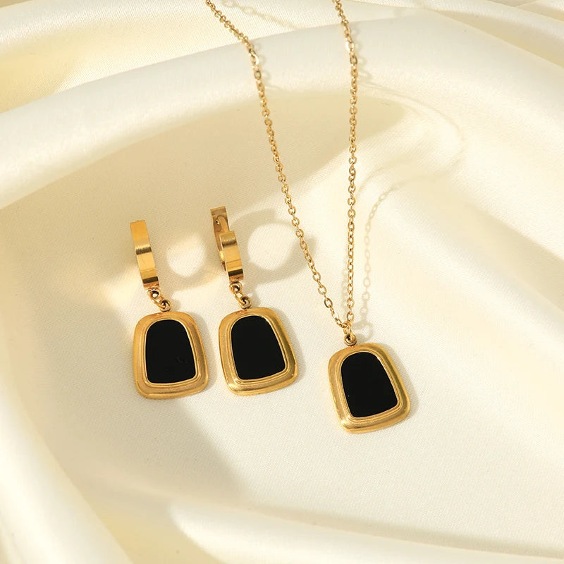 EILIECK 316L Stainless Steel Geometric Black Necklace Earrings For Women New Party Gift Waterproof 18K Gold Plated Jewelry Set