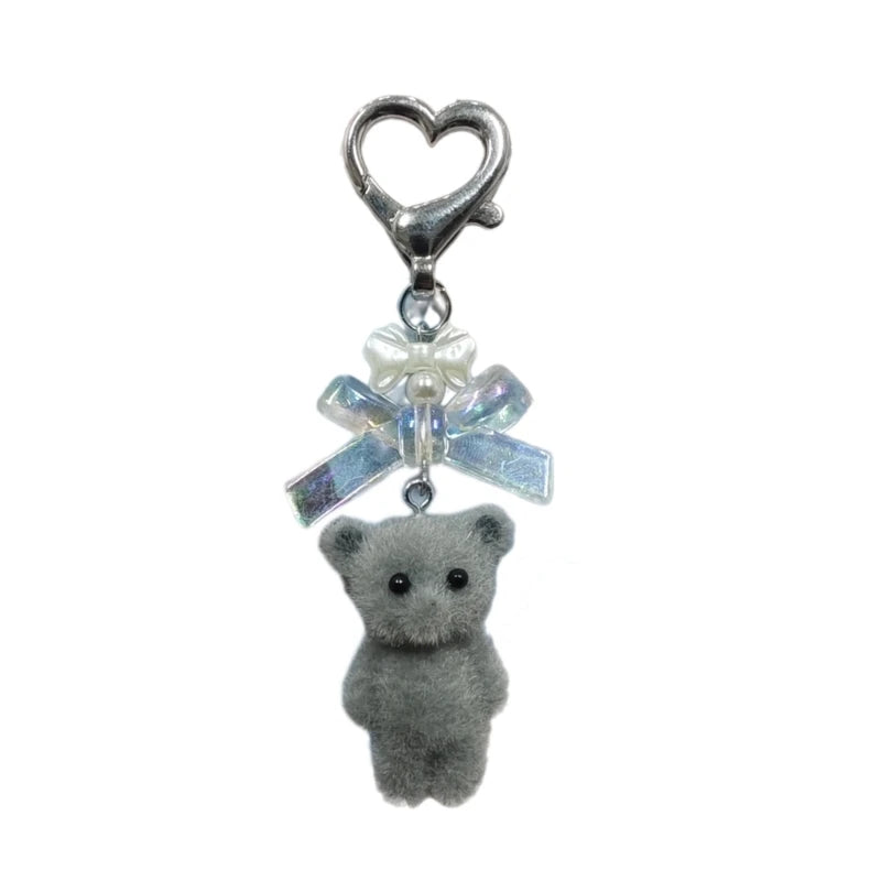 Q0KE Flocking Animal Cartoon Keychain Bear Cat Key Chain Fashionable Bowknot Pendant Phone Decorations for Women