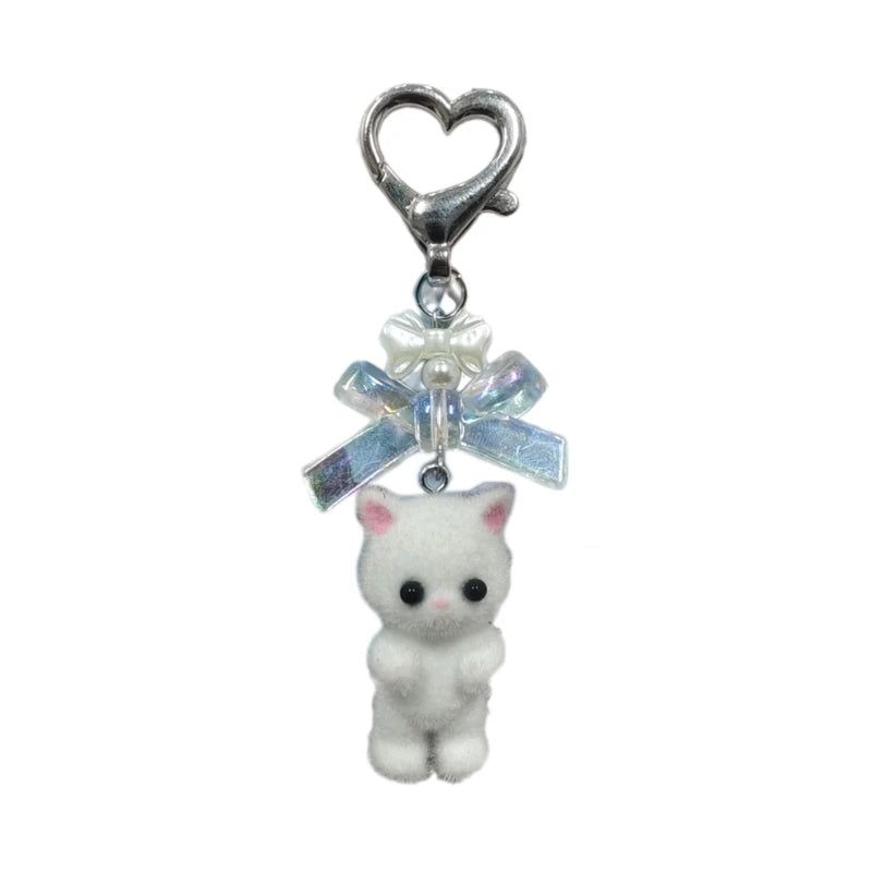 Q0KE Flocking Animal Cartoon Keychain Bear Cat Key Chain Fashionable Bowknot Pendant Phone Decorations for Women