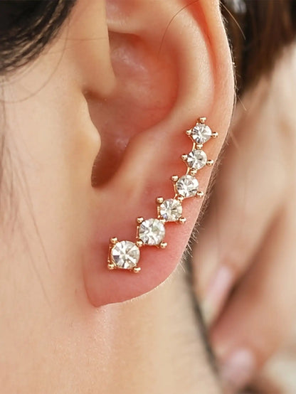 2 Gold Color Black White Gem 6 Rhinestone Ear Clip Earrings Women's Simple Fashion Personality Student Girl Party Business All-m
