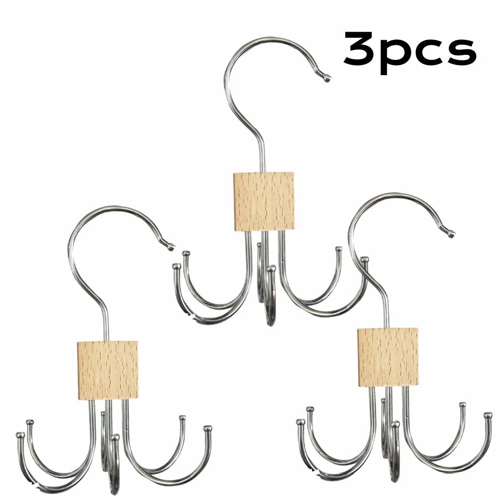 360° Rotating Storage Hanger Hook Multi-Claw Bag Metal Belts Rack Wooden Organizer For Bras Ties Scarves Household Closet