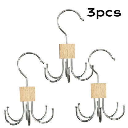 360° Rotating Storage Hanger Hook Multi-Claw Bag Metal Belts Rack Wooden Organizer For Bras Ties Scarves Household Closet