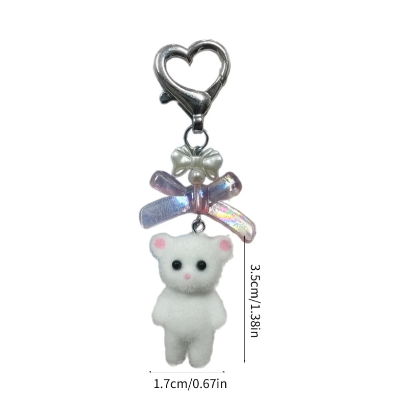 Q0KE Flocking Animal Cartoon Keychain Bear Cat Key Chain Fashionable Bowknot Pendant Phone Decorations for Women