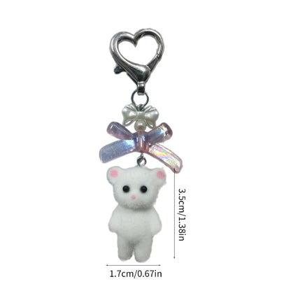 Q0KE Flocking Animal Cartoon Keychain Bear Cat Key Chain Fashionable Bowknot Pendant Phone Decorations for Women