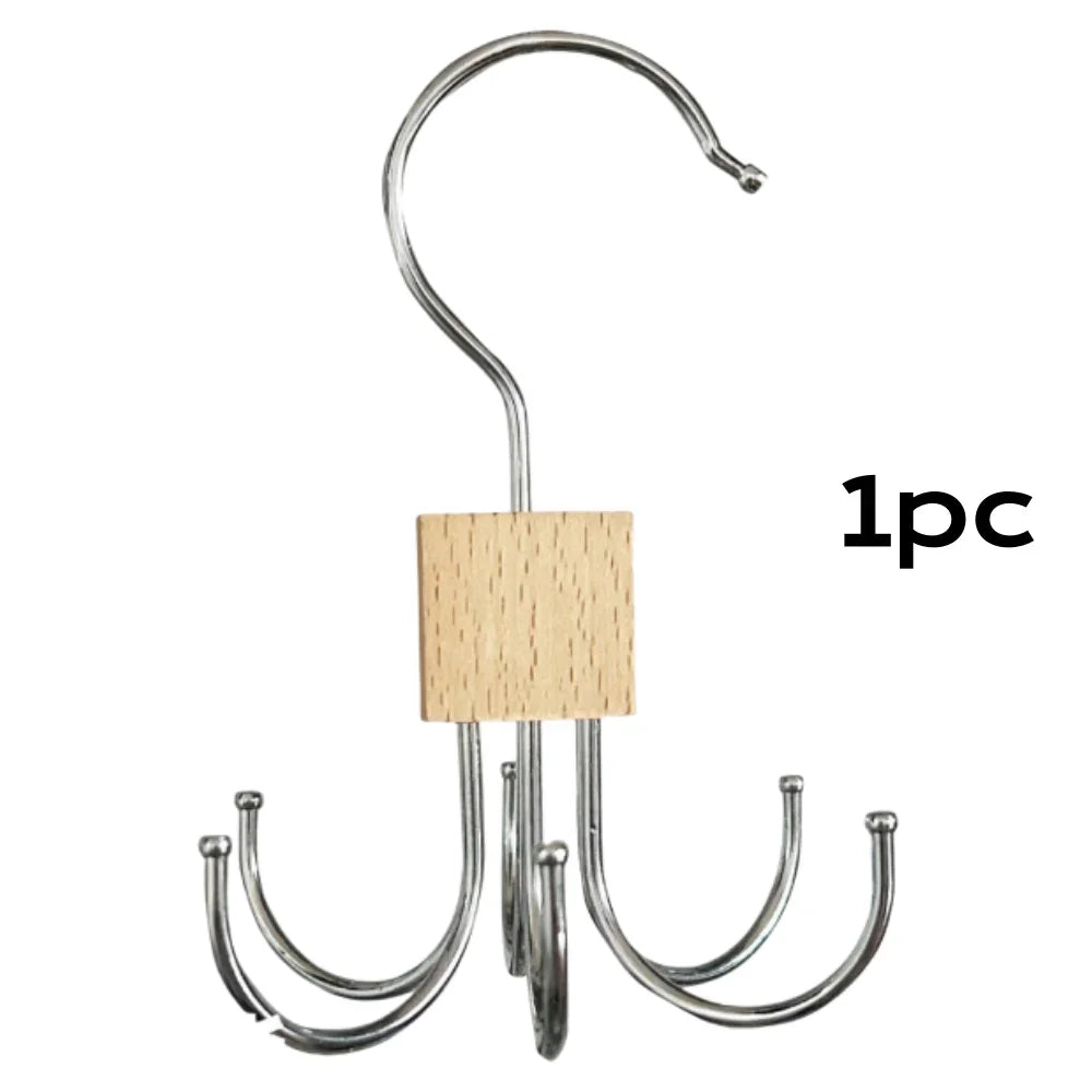 360° Rotating Storage Hanger Hook Multi-Claw Bag Metal Belts Rack Wooden Organizer For Bras Ties Scarves Household Closet