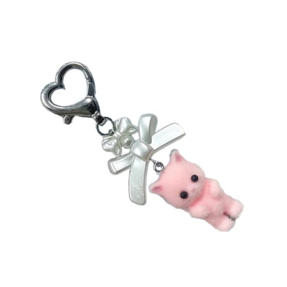 Q0KE Flocking Animal Cartoon Keychain Bear Cat Key Chain Fashionable Bowknot Pendant Phone Decorations for Women