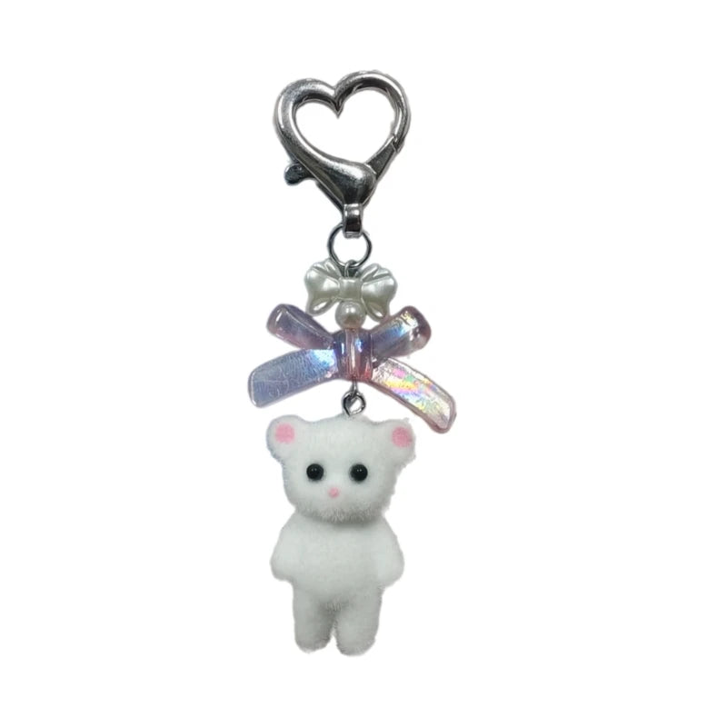 Q0KE Flocking Animal Cartoon Keychain Bear Cat Key Chain Fashionable Bowknot Pendant Phone Decorations for Women