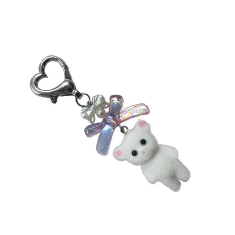 Q0KE Flocking Animal Cartoon Keychain Bear Cat Key Chain Fashionable Bowknot Pendant Phone Decorations for Women