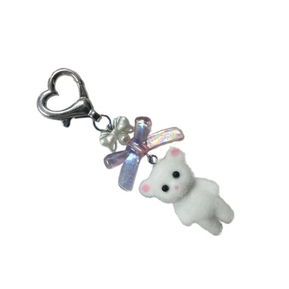 Q0KE Flocking Animal Cartoon Keychain Bear Cat Key Chain Fashionable Bowknot Pendant Phone Decorations for Women