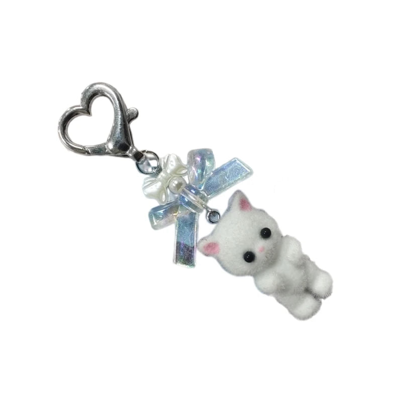 Q0KE Flocking Animal Cartoon Keychain Bear Cat Key Chain Fashionable Bowknot Pendant Phone Decorations for Women